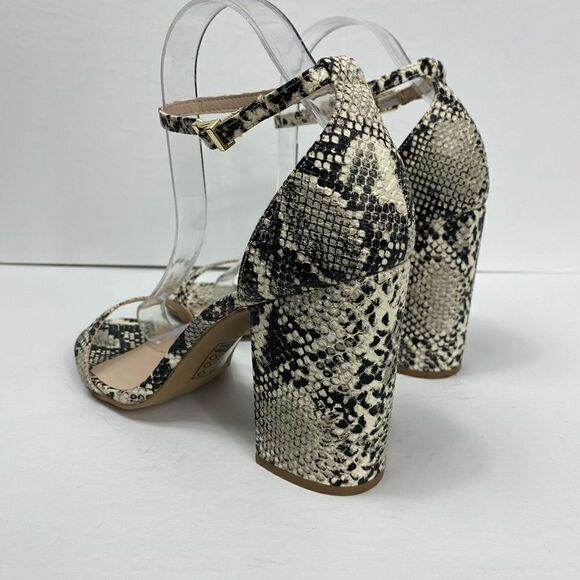 Qupid Snake Embossed Open Toe Ankle Strap Chunky Heel in Beige Brown - Picture 4 of 7